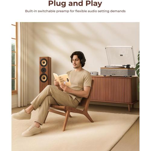 QLEARSOUL ONE-S Vinyl Record Player with Bluetooth Input/Output, All-in-One Vintage Turntable Built in Speakers, Phono Preamp & DSP, AT-3600L Cartridge, 33/45 RPM (Walnut)‼️light dirt‼️