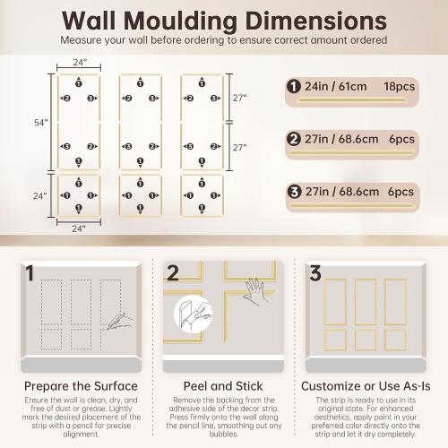 DODOKIE Peel and Stick Wall Molding Kit of 3pcs, Pre Cut Wall Wainscoting Panels for Interior Wall Décor Living Room Decoration, Self-Adhesive Waterproof Paintable Ready to Assemble Gold（24 * 78 in）