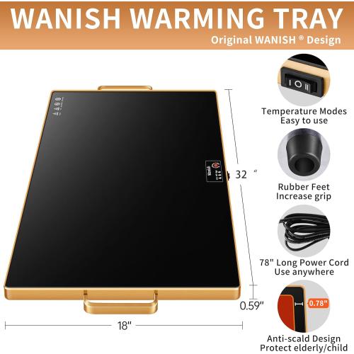 Electric Warming Tray（XXL 32”x18”），Food Warmer with Thermostat and Full Surface Heating，Food Warming Mat with 2 Temperature Modes for Parties Buffet，Gatherings，Gold Edge Handles Warming Mat for Food
