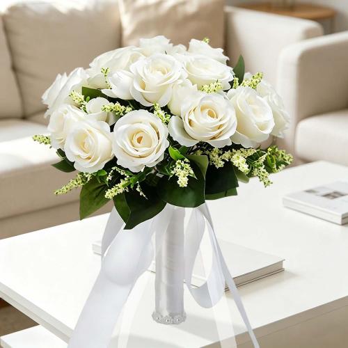CYANLUX Wedding Bouquets for Bride Bridesmaid Bouquet Champagne White Artificial Roses Flowers for Wedding Valentine's Day Church Home Decoration (1#White)…