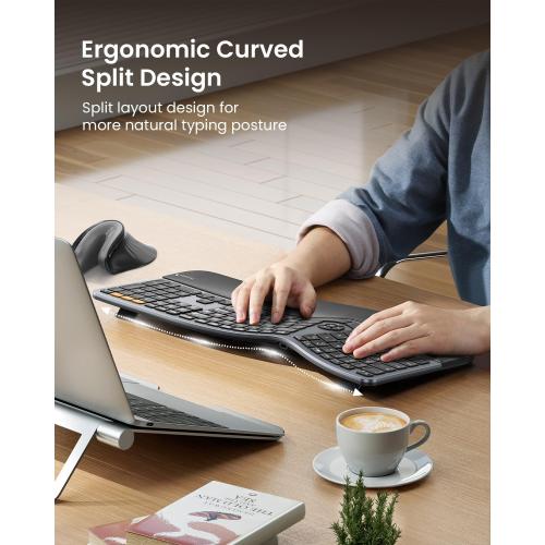 BLACK Backlit Bluetooth Ergonomic Keyboard, ProtoArc EK01 Plus Full Size Wireless Split Keyboard with Dual Bluetooth and USB, Cushioned Wrist Rest, Rechargeable for Windows/Mac/Android, Grey Black