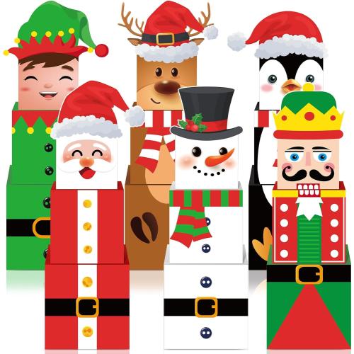 Moinchore 24 Pcs Christmas Gift Boxes Stackable Xmas Decorative Large Snowman, Reindeer, Santa, Nutcracker, Cardboard Nesting Decorations Stacking for Tree Decor