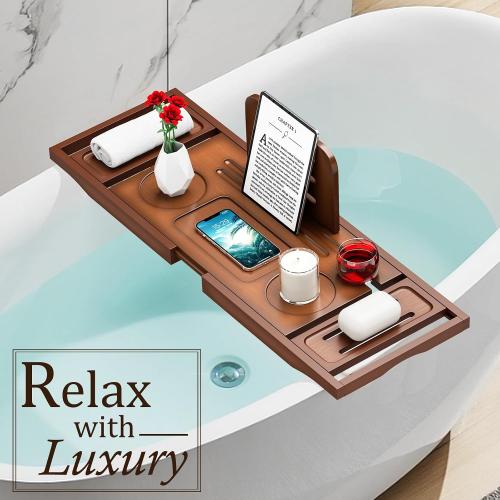 Premium Bamboo Bathtub Tray Caddy - Bath Tub Tray Table for Bathtub - Bath Caddy Tray for Bathtub, Expandable Size, Fits Most Bath Tubs
