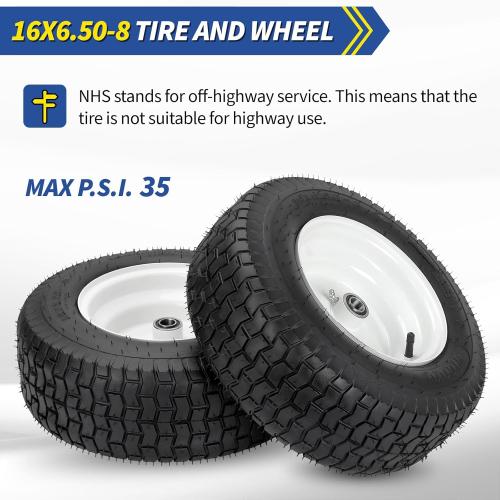 16x6.50-8 Riding Lawn Mower Rubber Tire and Wheel, 2 Pcs Replacement 16x6.5-8nhs Garden Tractor Lawnmower Tyre, Bearing Bore 3/4 & 5/8, 3-4.5 Centered Hub
