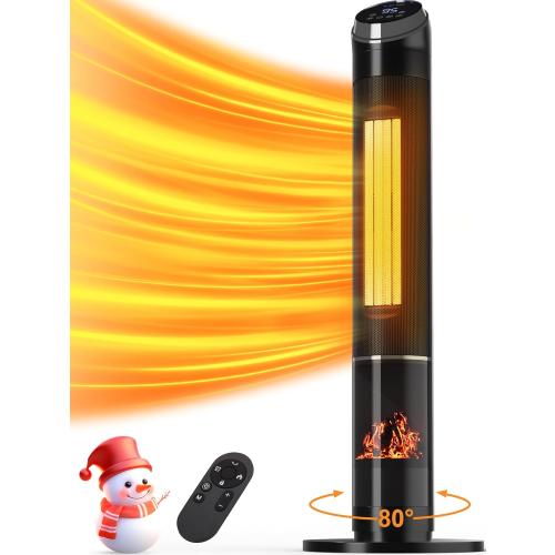 Space Heaters for Large Room, 38IN Electric Heater with Thermostat, 1500W Portable Space Heater with 80°Oscillation, 24H Timer Bedroom Heater, Remote Control, Tip-over & Overheat Protection Indoor Use
