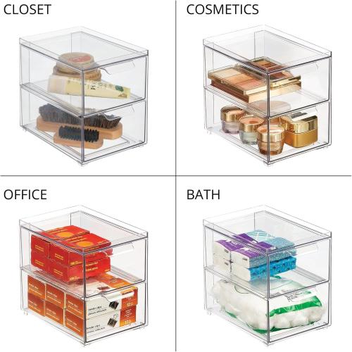 mDesign Stackable Storage Containers Box with 2 Pull-Out Drawers - Stacking Plastic Drawer Bins for Master or Guest Bathroom, Linen Closet, Vanity, Makeup Table Lumiere Collection 4 Pack, Clear