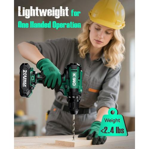 KIMO 20V Cordless Drill Set with 2 Packs 2.0Ah Battery, Max 350 In-lb Torque, 1350 RPM, 3/8 Keyless Chuck, 18 2 Clutch Setting, 18pcs Accessories, Power Drill for Drilling Wood Bricks Walls Metal