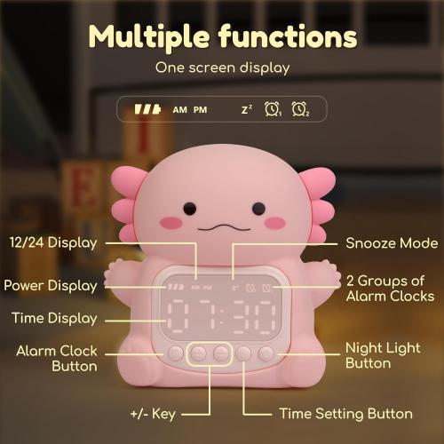 Axolotl Alarm Clock with Night Light for Kids, 7 RGB Color Cute Alarm Clocks for Bedrooms Ok to Wake Clocks, Silicone Animal Tabletop Lamp for Teen Girls Boys
