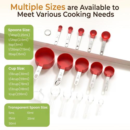 16PCS Measuring Cups and Spoons Set, Measuring Spoon Set with Metric and US Measurements, Fits for Measuring Dry and Liquid (Red)