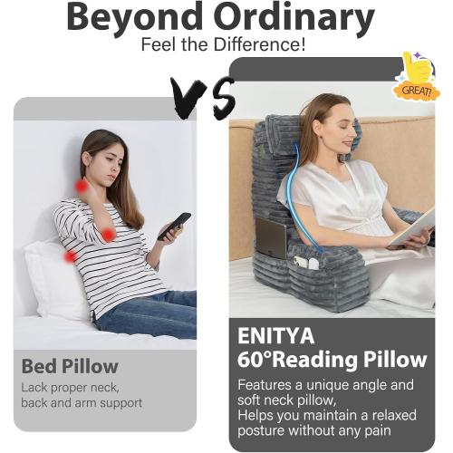 ENITYA 22 XL Back Pillow for Bed Sitting Up, Reading Pillow with Armrests & Big Pockets, Soft Back Support Chair, Ideal for Watching TV, Gaming, Nursing, Resting, Post Surgery, Dark Grey