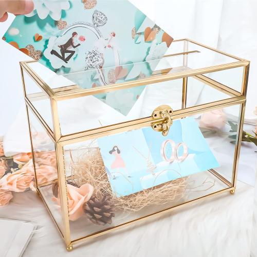 HighFree Glass Card Box, Large Clear Card Box for Wedding Receptions, Decorative Storage Box for Baby Shower, Birthday Party, Bridal Shower (With Slot, Gold)