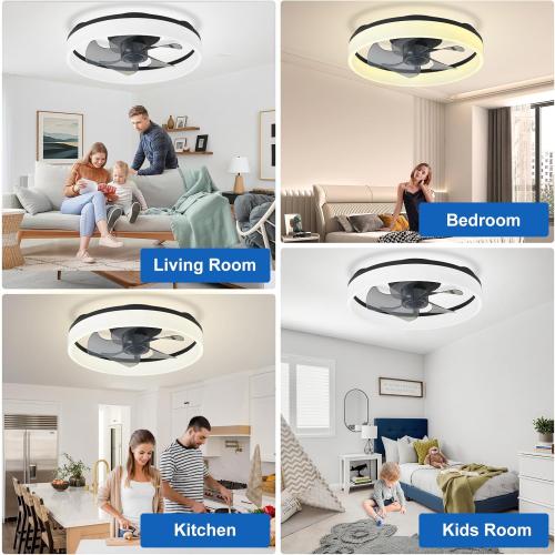 DLLT LED Ceiling Fan with Light: 16 Modern Low Profile Flush Mount Fandelier with App & Remote Control - Dimmable Black Bladeless Fan Light Fixture for Bedroom Kids Room Living Room
