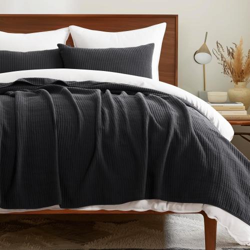 EVERGRACEHOME Cotton Coverlet Set King Size 3 Pieces, Lightweight Soft Ribbed Matelassé Bedspread Quilt Set, Cozy Oversized Quilted Bedding Set with 2 Pillow Shams for All Seasons, Washed Grey/Black