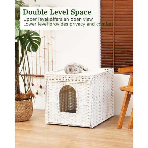 SETVSON Cat Litter Box Enclosure Furniture, Large PE Rattan, White | Large PE Rattan Kitty House fits Large Litter Boxes, Top Fence, Included Litter Mat, 2 S-Hooks, Sturdy Metal Frame