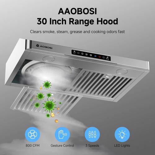 AAOBOSI 30 Inch Under Cabinet Range Hood, 800 CFM Stainless Steel Kitchen Vent Hood with Gesture Sensing, Touch Control, 3-Speed Exhaust Fan, LED Lights, Ducted Range Hood‼️light dirt and good condition‼️