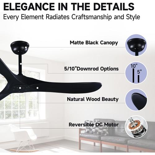 52 3 Blade Ceiling Fan Without Light, Farmhouse Rustic Wooden Flush Mount Ceiling Fan no Light with Remote for Indoor/Outdoor - High End Silent Operation, Black, 52 Inch