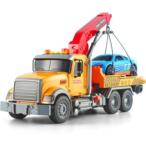 Dwi Dowellin Kids Toys for 3 4 5 6 7 Years Old Boys, 15 Large Tow Truck Toy,Friction Powered Transport Truck Crane Toy with Lights and Sounds,with Roadster,Toddlers Gifts