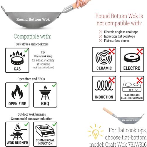 Craft Wok Traditional Hand Hammered Chinese Carbon Steel Wok with Wooden and Steel Helper Handle (14 Inch, Round Bottom Pow Wok Pan) / 731W88