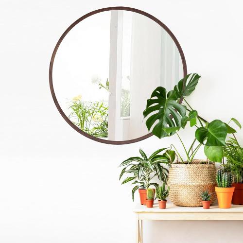 Round Solid Oak Wood Mirror, 24x24 Inch Medium Size, Walnut Frame, Modern Decorative Wall Makeup Mirror for Bathroom, Bedroom, Living Room(Walnut, 24 x 24)