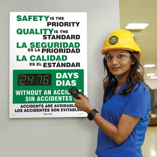 AccuformNMC Digi-Day Spanish Bilingual Electronic Safety Scoreboard SBSCK117, Track Days We Worked Without A Lost Time Accident, Aluminum 28”L x 20”W x 1”D, Bright LED Display with Remote, Made in USA