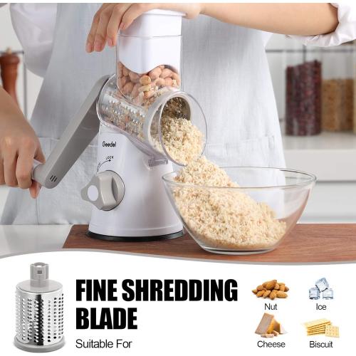 Geedel Rotary Cheese Grater, Kitchen Mandoline Vegetable Slicer with 3 Interchangeable Blades, Easy to Clean Rotary Grater Slicer for Fruit, Vegetables, Nuts