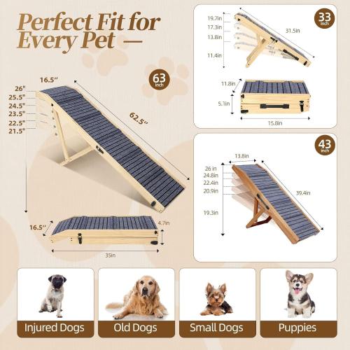 Extra Large Dog Ramp 63‘’L for High Bed, Couch & SUV – 200 Lb Heavy Duty Solid Wood Pet Ramp, 6 Adjustable Height – Portable Stable Non-Slip Steps for Medium to XL Dogs