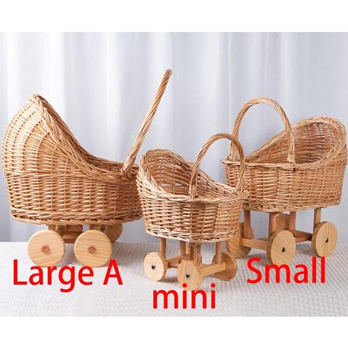 Woven Rattan Stroller Shaped Flower Basket, Vintage Wicker Baby Carriage Planter for Floral Arrangements, Baby Shower Wedding Party Decor Centerpieces for Tables, Floral Rustic Home Decor (Small)