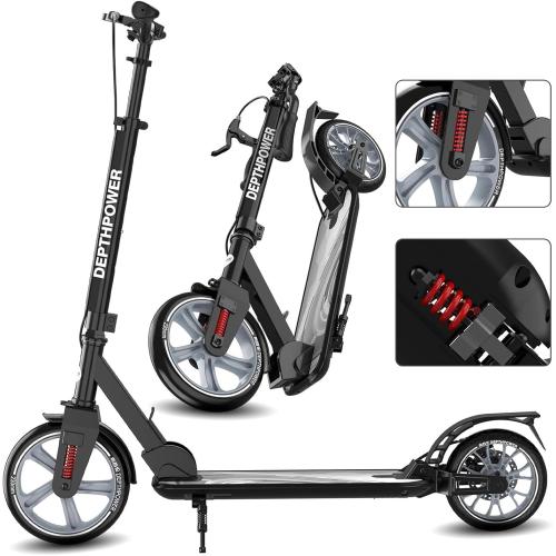 Big Wheels Kick Scooter for Kids Ages 6 , Teens and Adults, Max Load 300 LBS, Foldable - 2-Wheel Commuter Adult Scooters with Hand Brake & Shock Absorption, Adjustable Handlebar, Bearing ABEC9