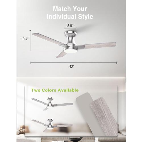 DAMINY 42 inch Ceiling Fans with Lights,3 Blades,6CCT, Low Profile Ceiling Fan with Light and Remote Control,Ceiling Fan for Bedroom, Kitchen,Indoor/Outdoor Use,Flush Mount-Nickel