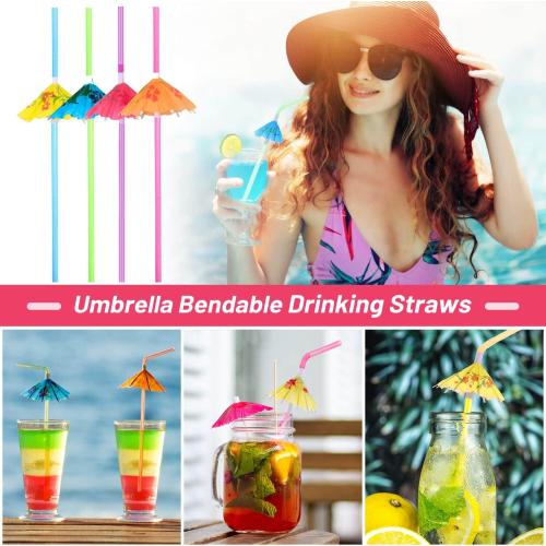 Paxcoo 100pcs Umbrella Straws - Hawaiian Luau Party Straws for Drinks Decorations (Assorted Colors)