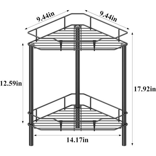 2 Tier Floor Standing Corner Shower Caddy Organizer Shelf with Hooks, Bathroom Shelves Stand Rack, Black