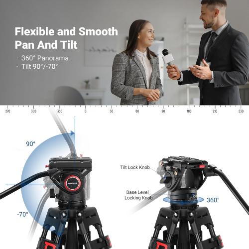 NEEWER 74 Video Tripod with Fluid Head, QR Plate , Aluminum Heavy Duty Camera Tripod Professional for DSLR Cameras Camcorders, Max Load 17.6lb/8kg, TP74
