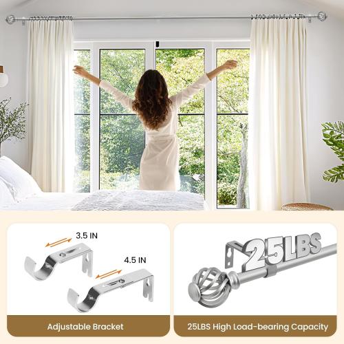 Luvenia Silver Decorative Curtain Rods,Adjustable Curtain Rod For Windows 30 to 60 Inch(2.5-5Ft),Curtain Rod For Bedroom, Living Room,Kitchen,Farmhouse