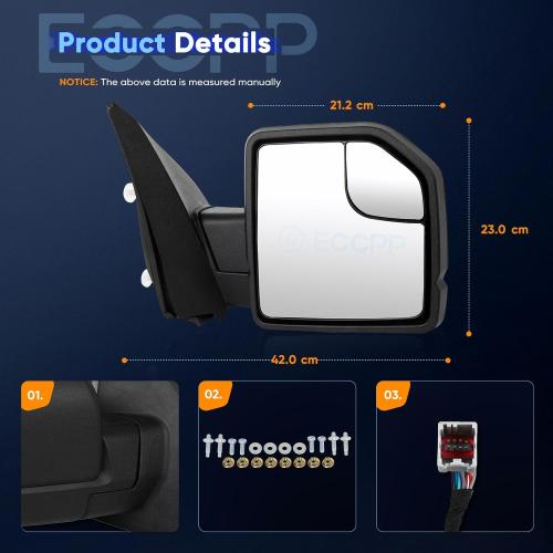ECCPP Tow Mirror Towing Mirror Compatible With 2015-2020 For Ford For F-150 Pickup With Right Side Power Adjusted Turn Signal Light Temperature Sensor With Black Cap Housing