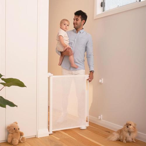 Retractable Baby Gate Perma Child Safety 33 Tall x 55” Wide, Mesh, for Stairs, Doorways, Dogs, Pets, Indoor, Outdoor, One-Handed Operation, Locking, Easy Install, Hardware Mount, White