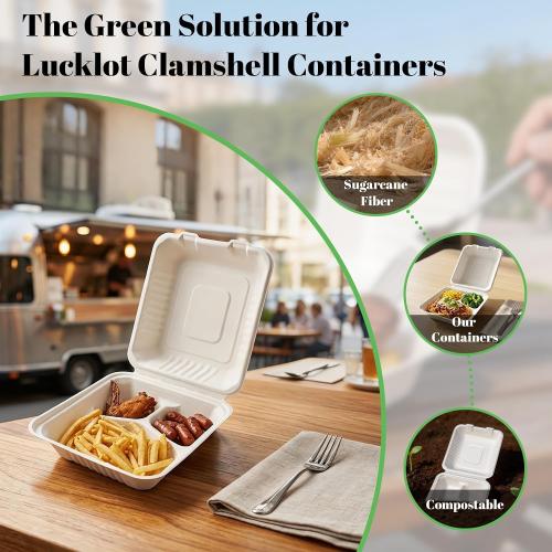 Lucklot 100 Pack 8×9 Inch 3-Compartment Compostable Bagasse Food Containers