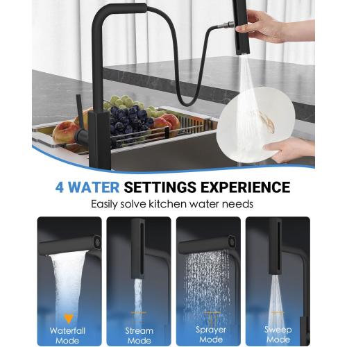 Black Kitchen Faucet with Pull Down Sprayer, Waterfall Pull Out Kitchen Faucet with Temperature(Batteries-Free), 4 Mode Faucet & 360 Swivel Spout, Single Handle Faucet for 1 Hole Sink