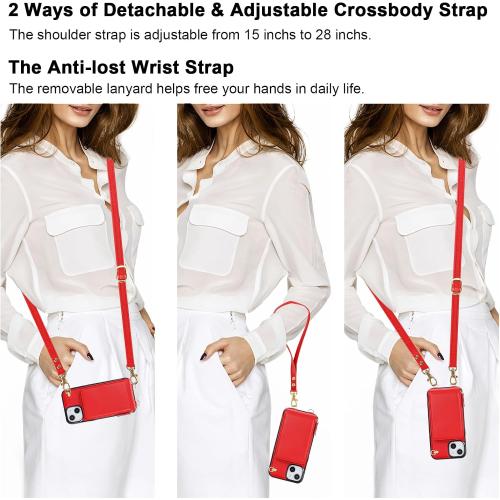 KIHUWEY Crossbody Wallet Case for iPhone 13 iPhone 14, Zipper Pocket Case with Card Holder, PU Leather RFID Blocking Protective Cover Case with Kickstand Detachable Wrist Strap Lanyard 6.1 (Red)