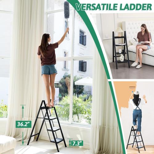 4 Step Ladder Folding Step Stool, Heavy Duty 330 Lbs Load Step Ladders for Home, Tall Kitchen/Closet Stepladder for Adults, Black Small & Lightweight Ladder with Anti-Slip Wide Pedals by OOSOFITT