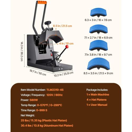 VEVOR 4-in-1 Heat Press Machine for Hats with 6x3inches Curved Teflon-Coated Heat Plate, Easy Temperature Control Non-Slip Base, Four Replaceable Elements 6x3/6.7x2.7/6.7x3.8/8.1x3.5inches