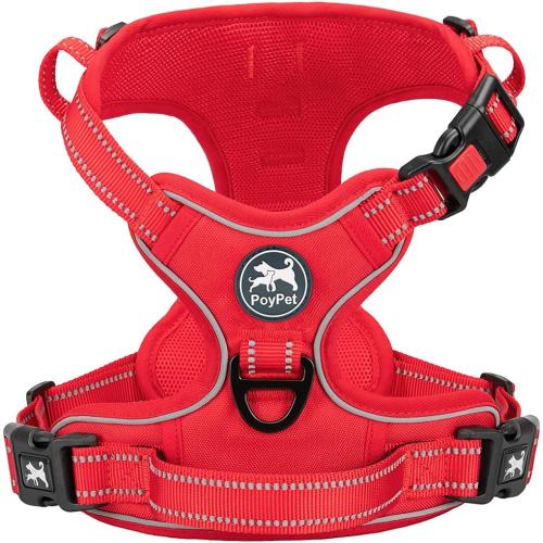 PoyPet No Pull Dog Harness, No Choke Reflective Dog Vest, Adjustable Pet Harnesses with Easy Control Padded Handle for Small Medium Large Dogs(Red Matching Trim,S)