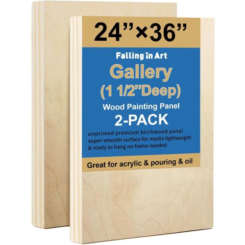 Falling in Art 2 Pack Unfinished Wooden Canvas Panels, 24x36 Gallery Birch Wood Panels Kit, 1 1/2 Deep Art Cradle Boards for Acrylic Painting, Pouring and Burning