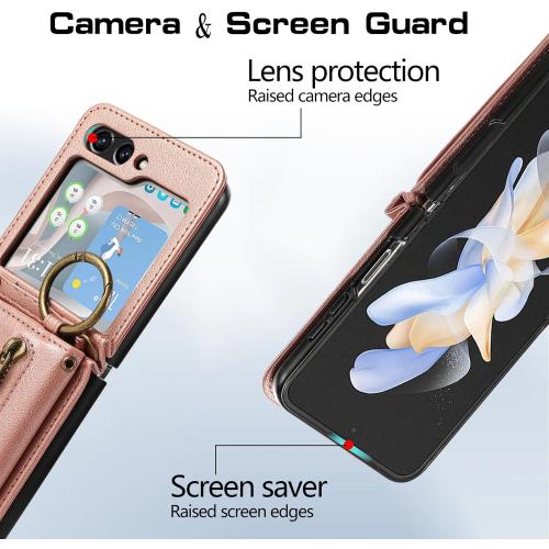 Compatible with Samsung Galaxy Z Flip 6 5G 2024 Wallet Case and Crossbody Shoulder Strap Ring Buckle Hinge Protection Stand Card Holder Phone Cover for ZFlip6 Z6 G Flip6 6Z Women Girls Men Rose Gold