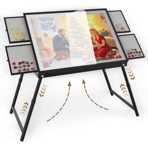 Puzzle Table 1500 Pieces, 3-in-1 Foldable Jigsaw Puzzle Table with Cover – 18” & 28” Height, 5 Angle Tilt, Metal Frame, Portable Puzzle Tables Drawers and Legs for All Ages