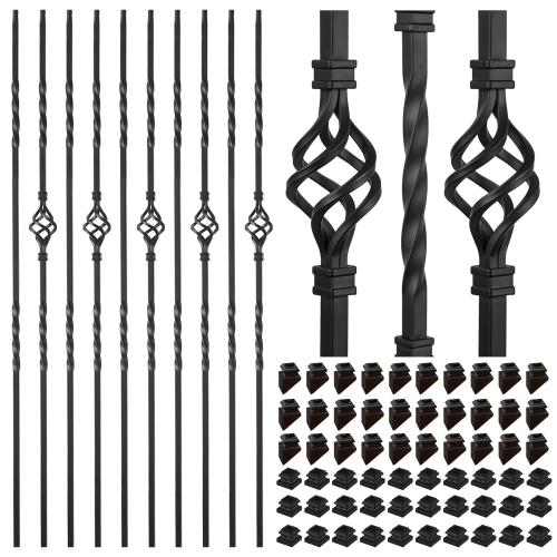 Size 1/2 Set of 30 Pack Staircases Iron Balusters -1/2'' Square Hollow Metal Spindles with Single Basket and Double Twist Design, Includes 30 Flat Shoes & 30 Angle Shoes