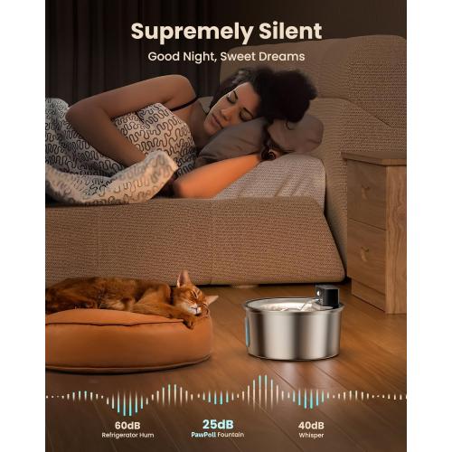 PawPoll Wireless Cat Water Fountain Stainless Steel - 3.2L/108oz Cordless Pet Water Fountain Battery Operated Cat Water Dispenser Ultra Silent Rechargeable Water Fountains for Cats and Dogs