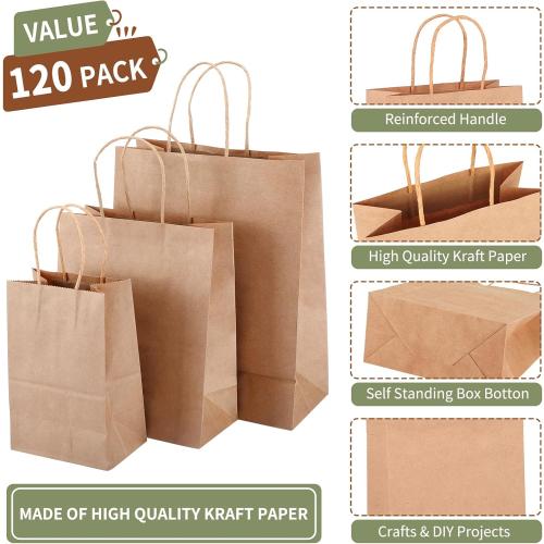 10x5x13 TOMNK 100pcs Brown Paper Bags with Handles Assorted Sizes Mixed Sizes Bulk Kraft Paper Gift Bags for Business, Shopping, Retail
