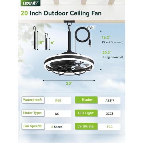 LEDIARY 20 Outdoor Ceiling Fans with Light, IP65 Waterproof Gazebo Fan with Hanging Hook, App Control for 3CCT Dimmable, Caged Plug in Ceiling Fan with Hanging Hook for Patio, Porch, Pergola