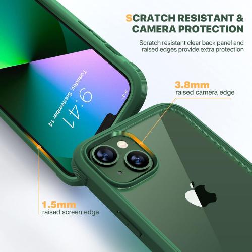 Diaclara Designed for iPhone 13 Case, Full Body Rugged with Built-in Touch Sensitive Anti-Scratch Screen Protector, Soft TPU Bumper Case for iPhone 13 6.1 (Green and Clear)