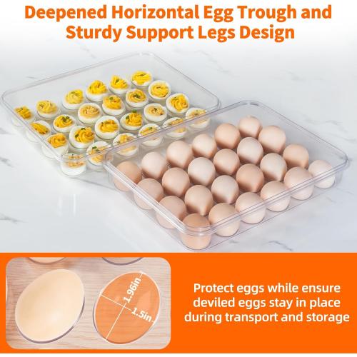 2 Pack Deviled Egg Containers with Lid and Handle, Durable Clear Plastic Deviled Egg Carrier Storage 48 Eggs, Stackable Egg Holder for Fridge, Portable Tray Platter for Party & Picnics-White